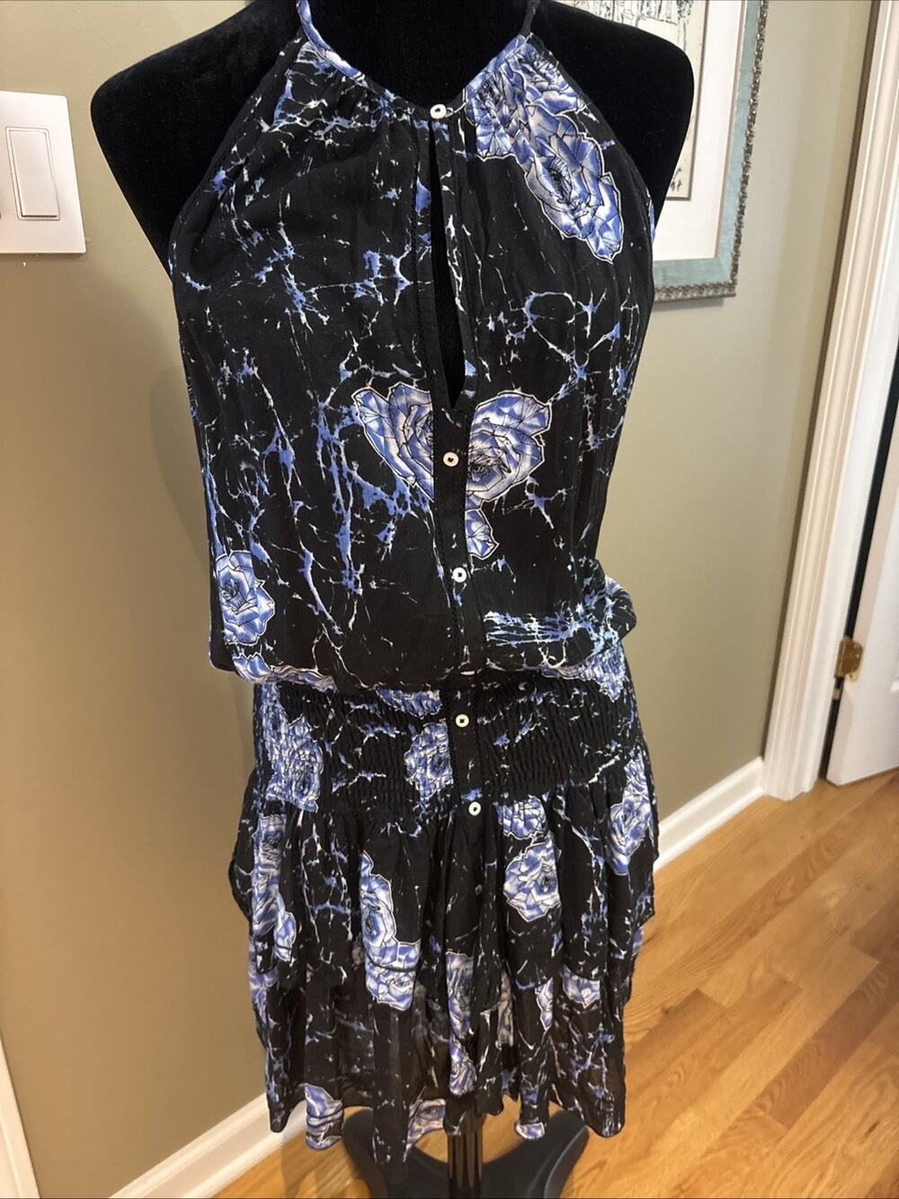 Poupette St Barth Blue Floral V Neck Sleeveless drop waist Dress Ruffle Skirt S